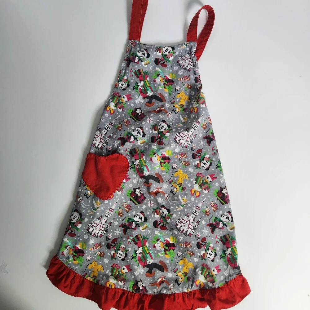 Disney Parks Christmas Holiday Apron Mickey Minnie Castle Ruffle Heart Pocket OS